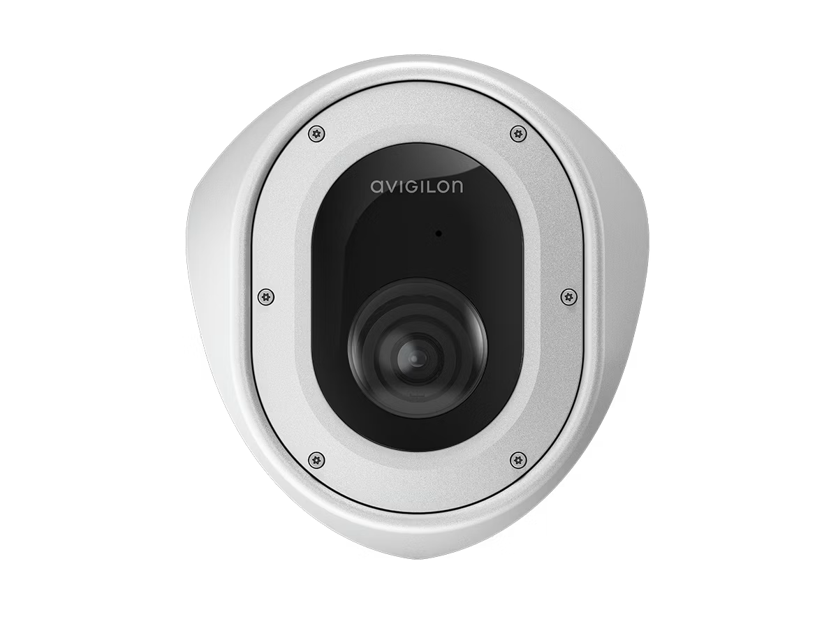 White surveillance camera with black lens and silver casing.