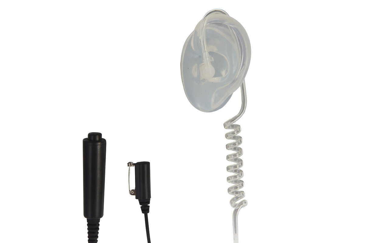 Transparent earbud set with coiled cable and two plug connectors.