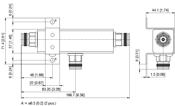 Technische tekening van een cilindrisch onderdeel met aansluitingen, afmetingen en labels.