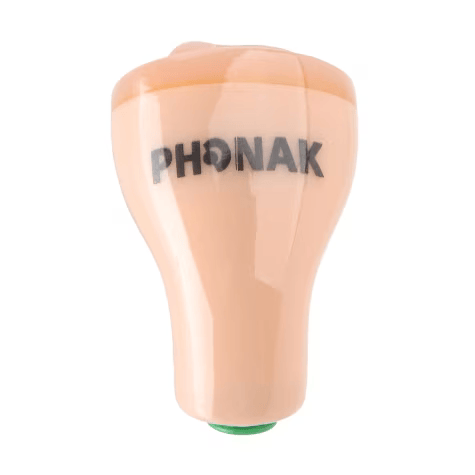 Beige beschermkap met zwart Phonak-logo.