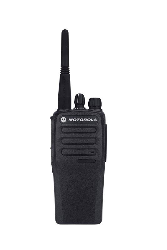 Black handheld radio with antenna, volume knob, and buttons.