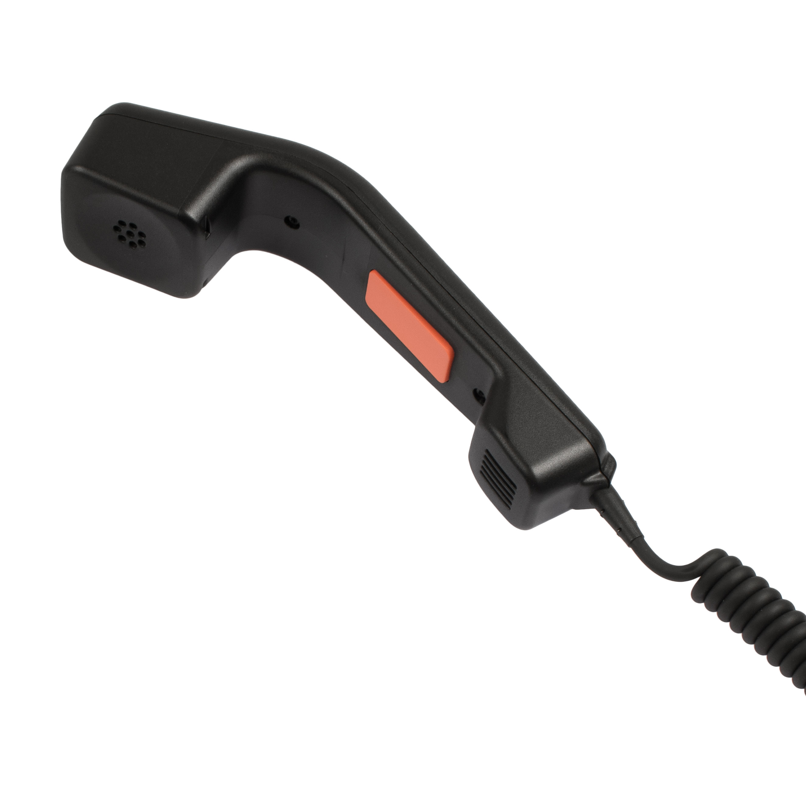 Combiné téléphonique noir avec bouton rouge, câble spiralé