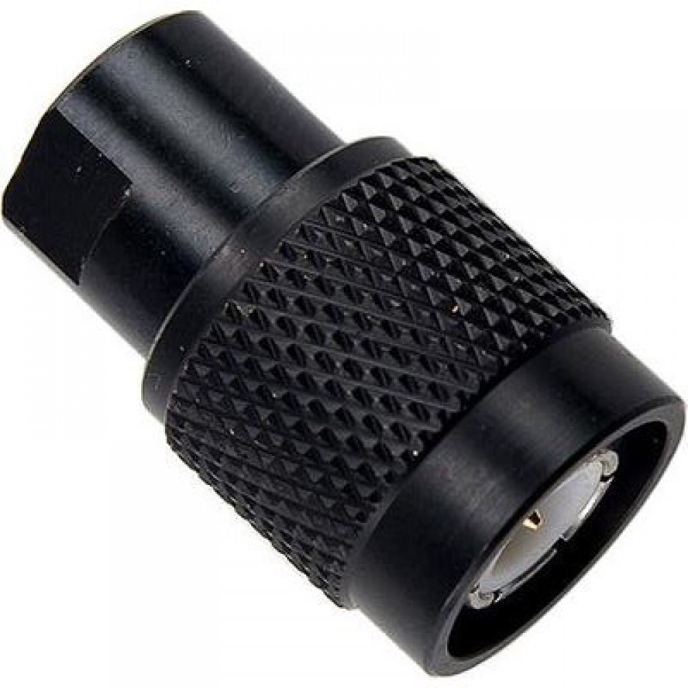 Adaptateur coaxial noir avec prise texturée.