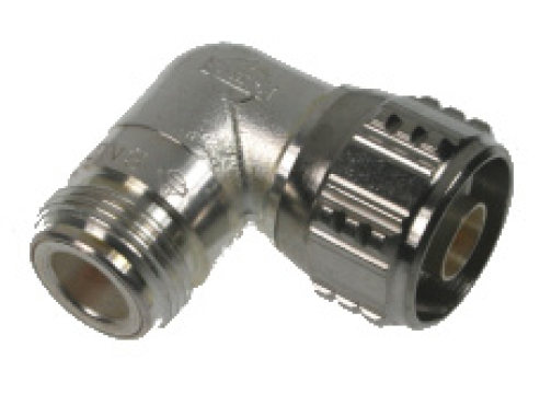 Metalen hoekconnector met schroefdraad en geribbelde oppervlakte.