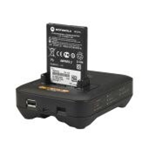 Battery inserted in charger with USB port.