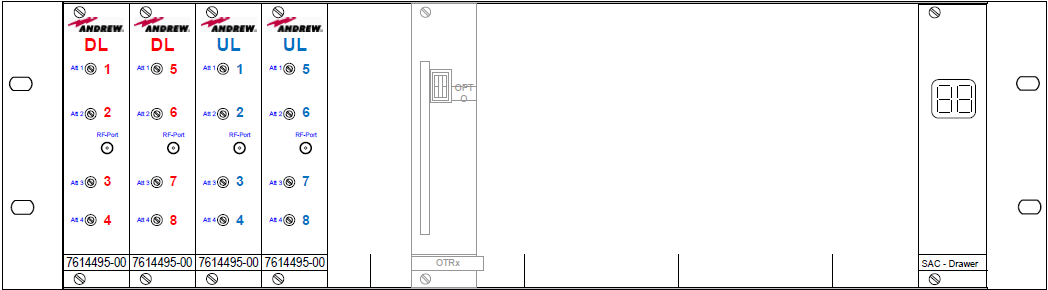 7000_00753877_COM_01.png Technisch diagram met DL- en UL-connectoren, genummerd 1-8.