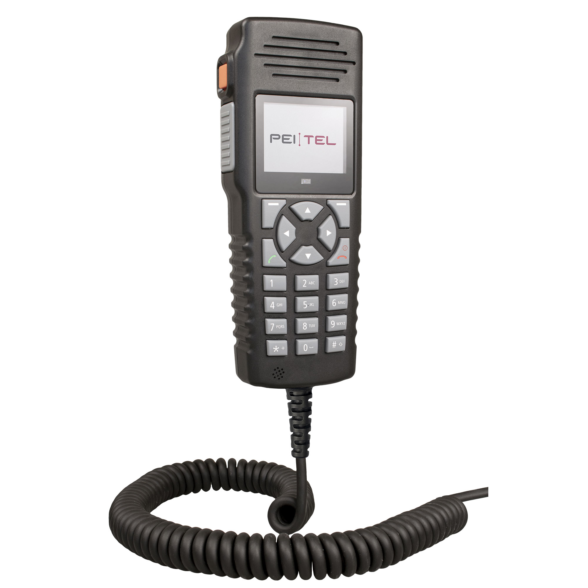 Hand microphone with keypad, display, and coiled cable.