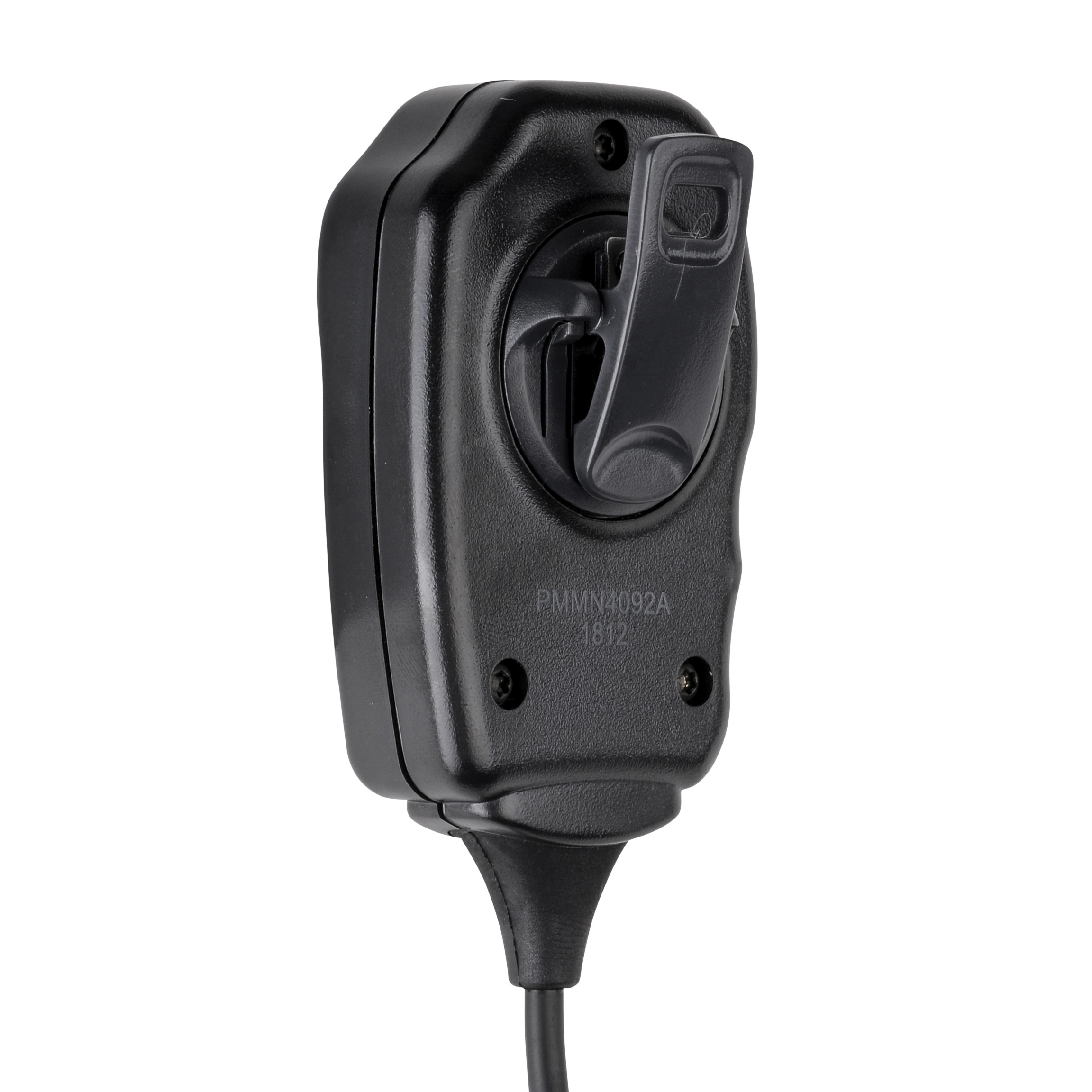 Zwarte externe microfoon met clip en kabel.