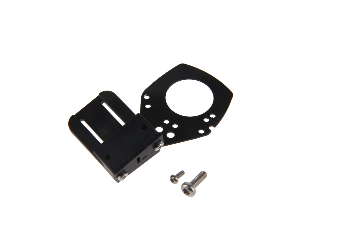 Support métallique noir avec vis et plaque.