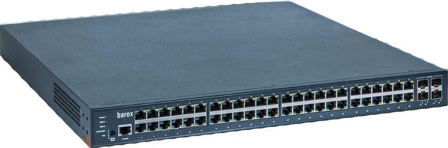 Netwerkswitch met meerdere Ethernet-poorten en ventilatiesleuven.