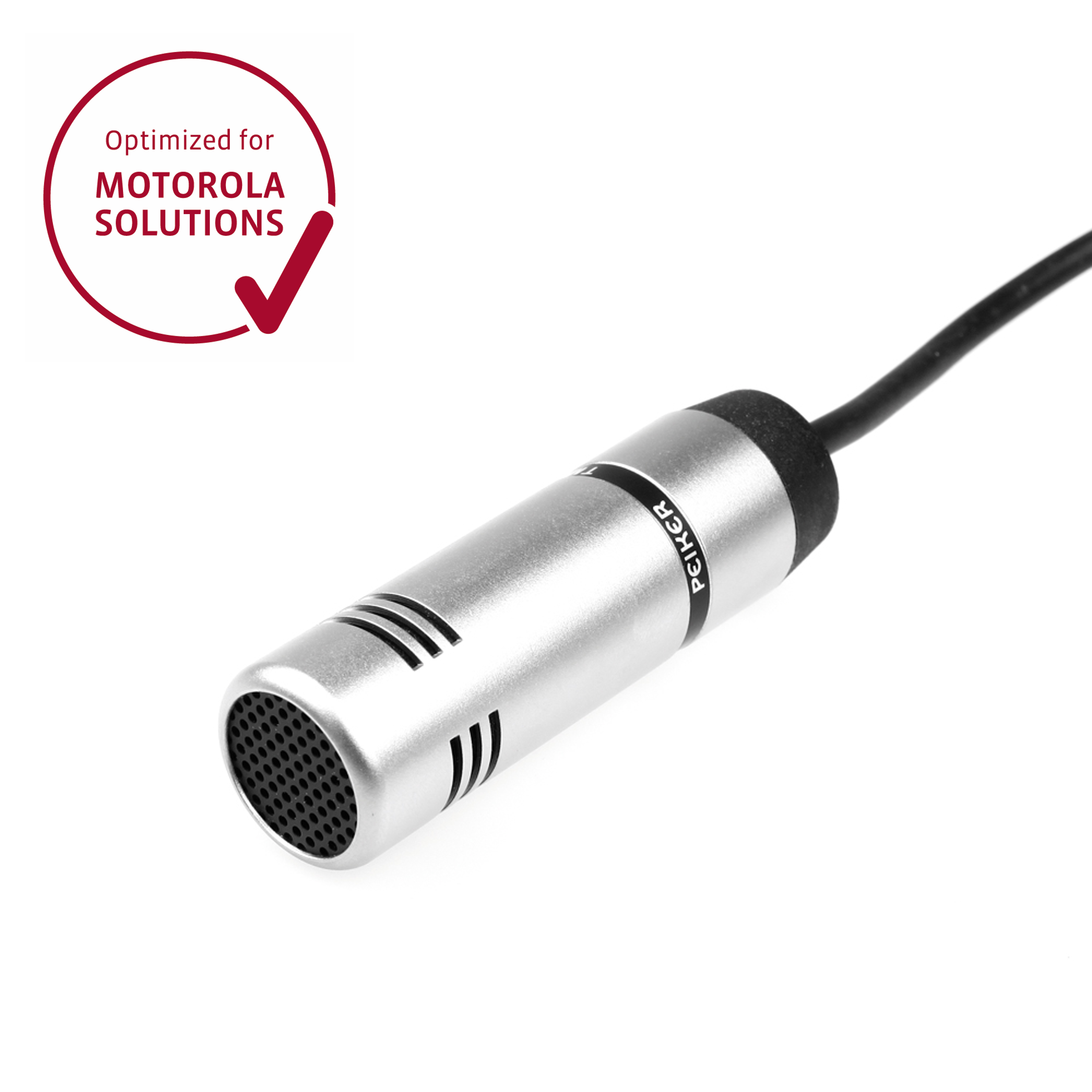 Microphone argenté avec câble noir, optimisé pour Motorola Solutions.