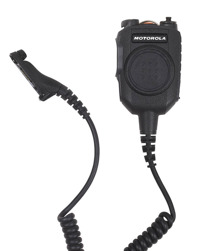 Black radio microphone with coiled cable and clip.