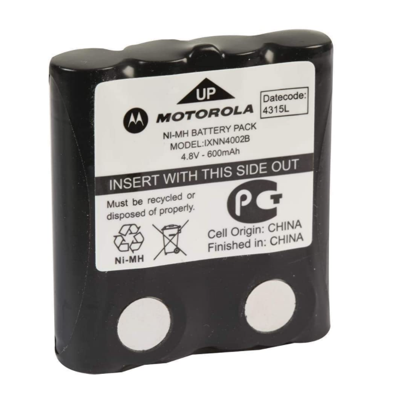 7000-00751612_mot_01.png Motorola Ni-MH batterijpakket, model IXNN4002B, 4.8V 600mAh. Oorsprong: China, Afgewerkt in: China.