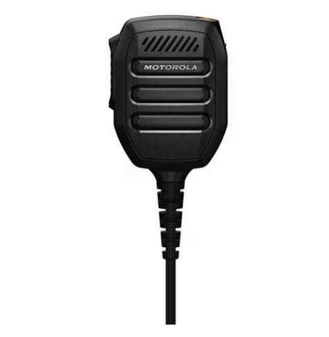 Zwart handmicrofoon met kabelaansluiting, merknaam zichtbaar.