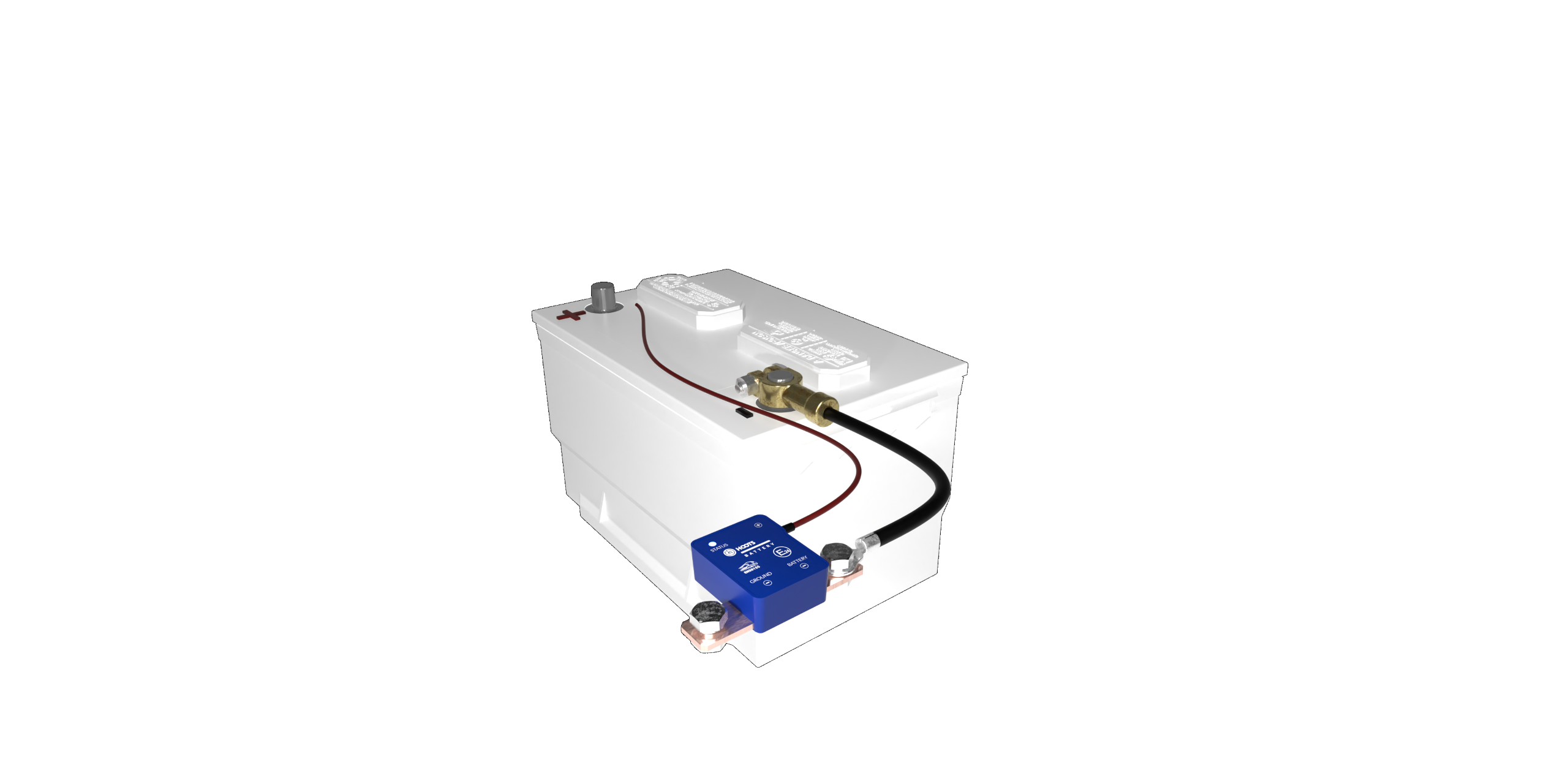 Witte autobatterij met blauwe sensorblok en aangesloten kabels.