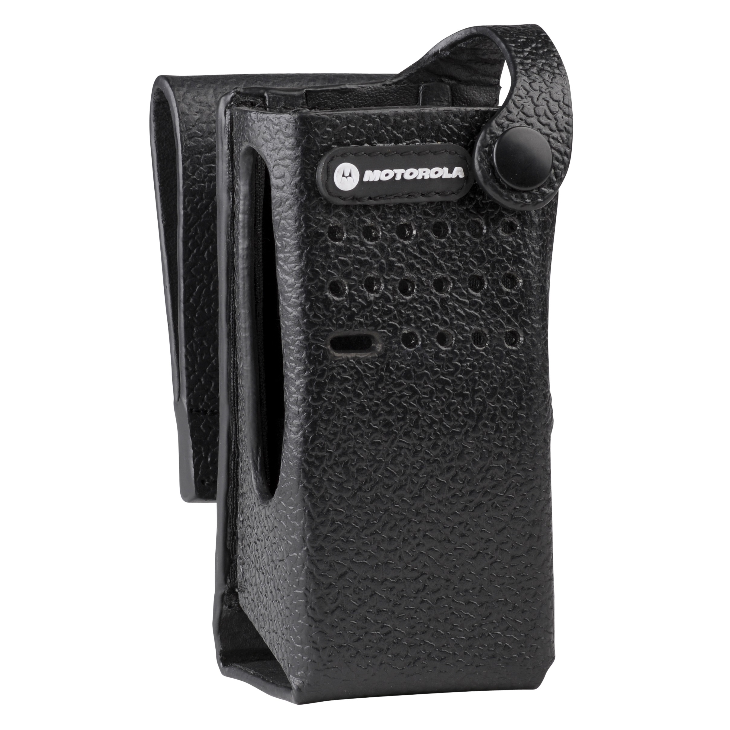 Étui en cuir noir avec façade perforée et fermeture à pression.