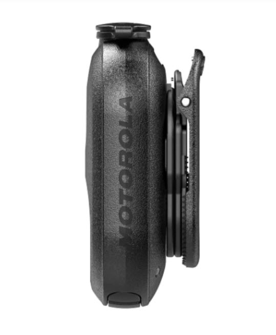 Zijaanzicht van een zwarte Motorola-babyfoon.