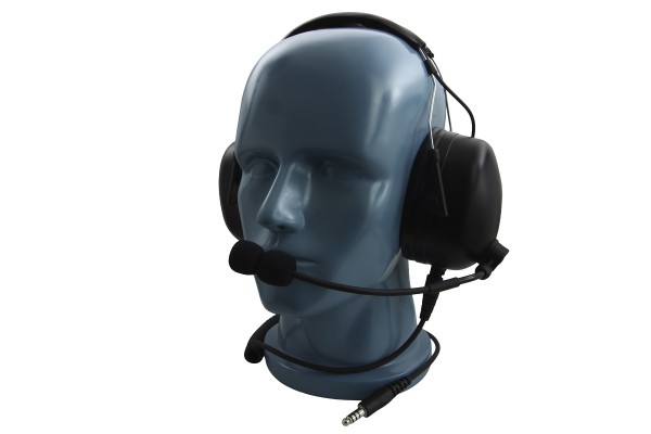 Blauw mannequinhoofd met zwarte headset en microfoon, kabel met jackplug.