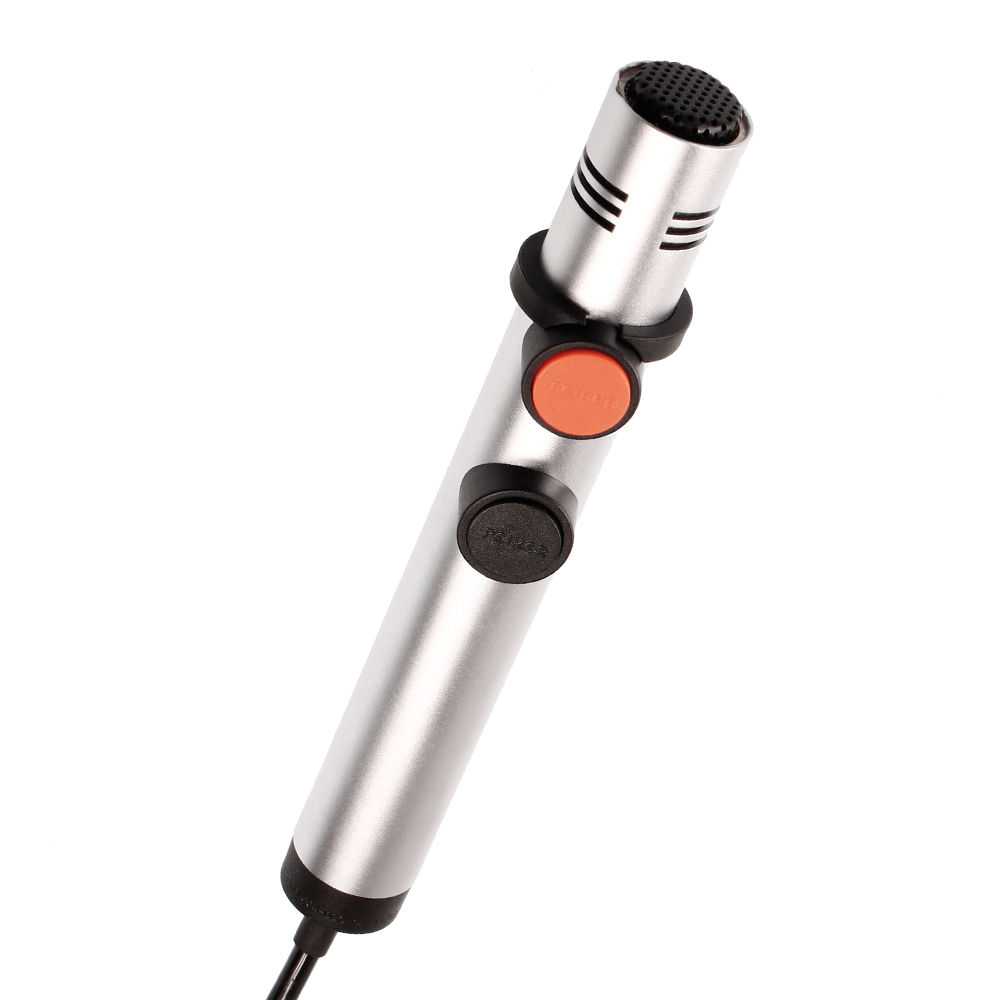2113-004-000-03.jpg Zilveren microfoon met kabel, twee schakelaars, een zwarte en een oranje.