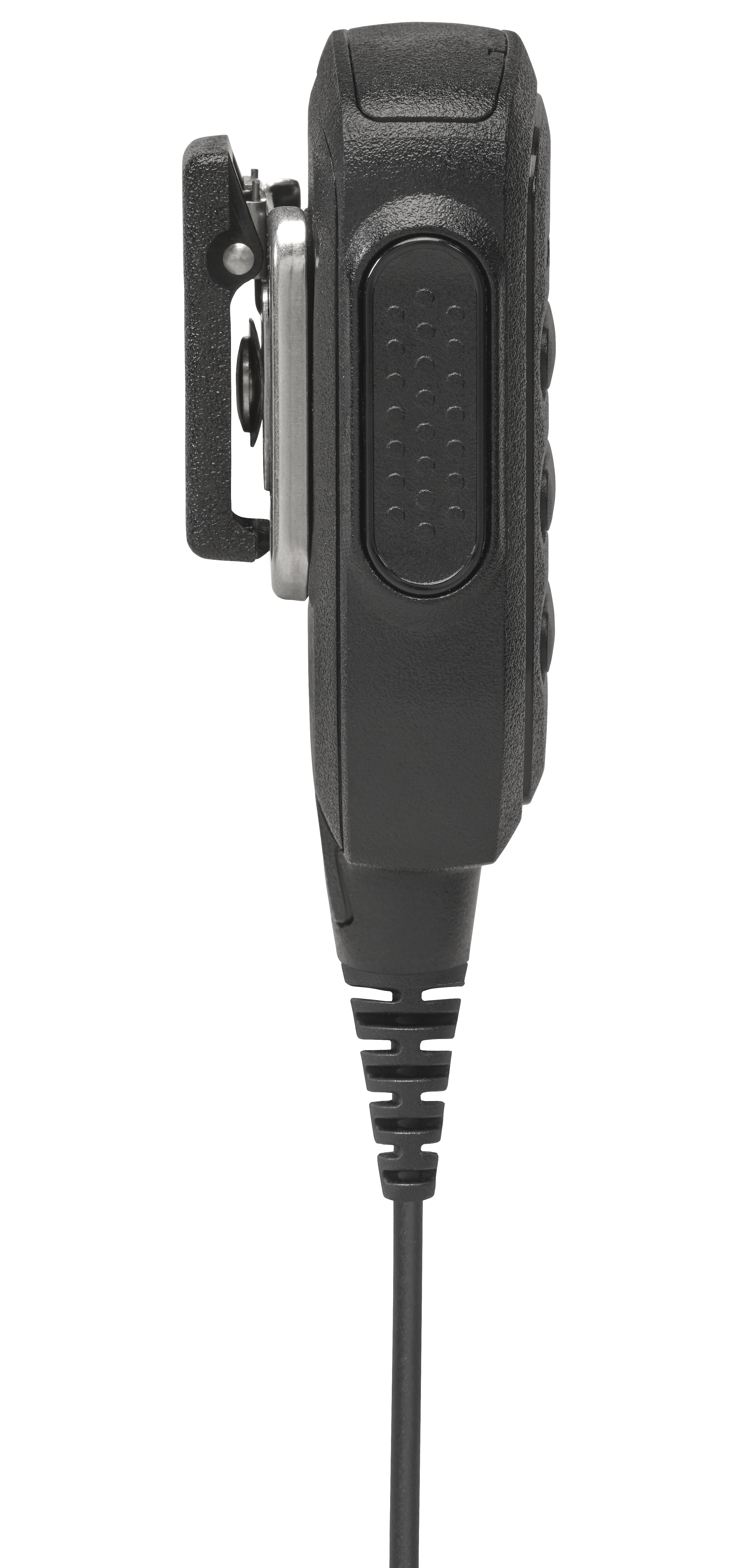 Vue latérale d'un appareil de communication avec boutons et câble.