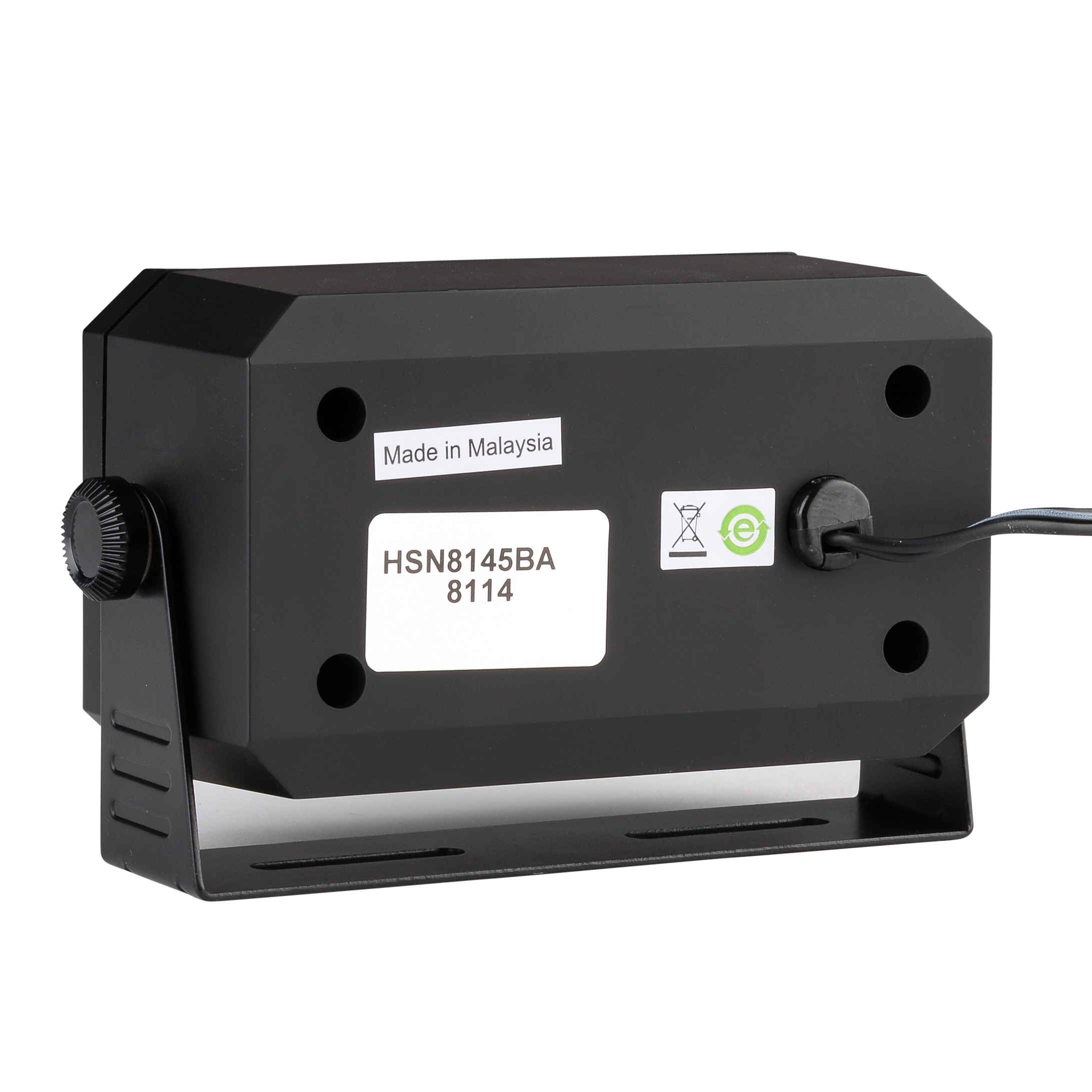 Projecteur LED noir, vue arrière, autocollant 'Made in Malaysia', câble connecté.