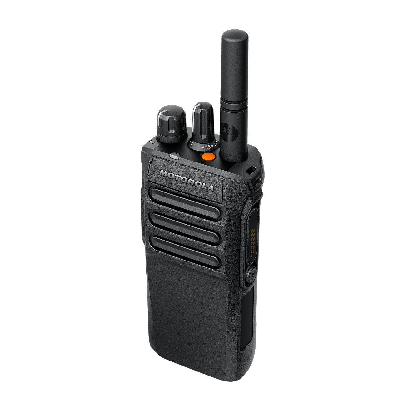 Black walkie-talkie with knobs and antenna.