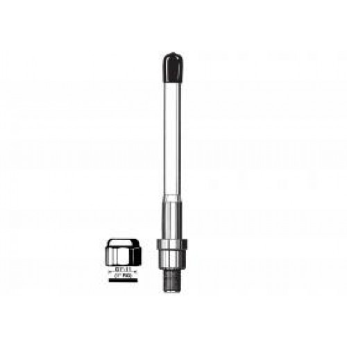 Antenne chromée avec pointe noire et filetage, avec un bouchon métallique à côté.