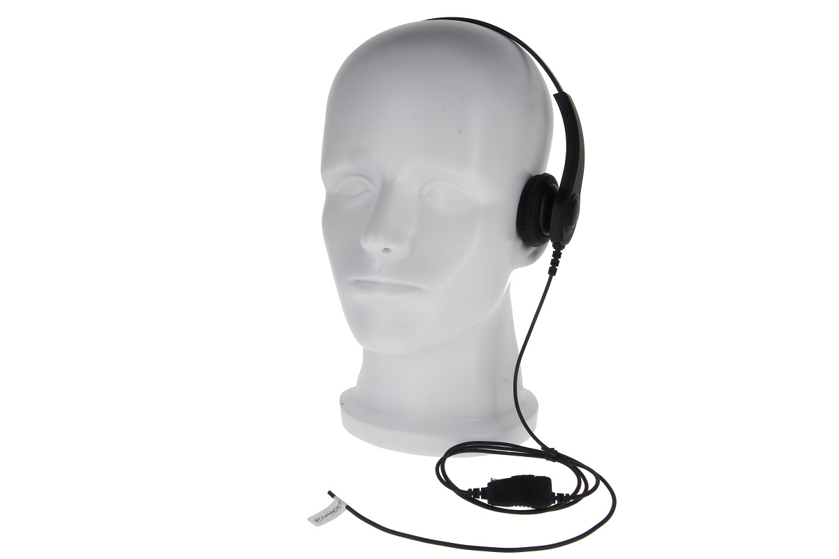 COP Hoofdtelefoon, enkelzijdig, overhead, inline PTT, type GE-H0133M19-S-01, ZONDER zwanenhalsmicrofoon, MOT CLP446e / CLPe serie stekker Kunststof hoofd met zwarte koptelefoon en kabel.