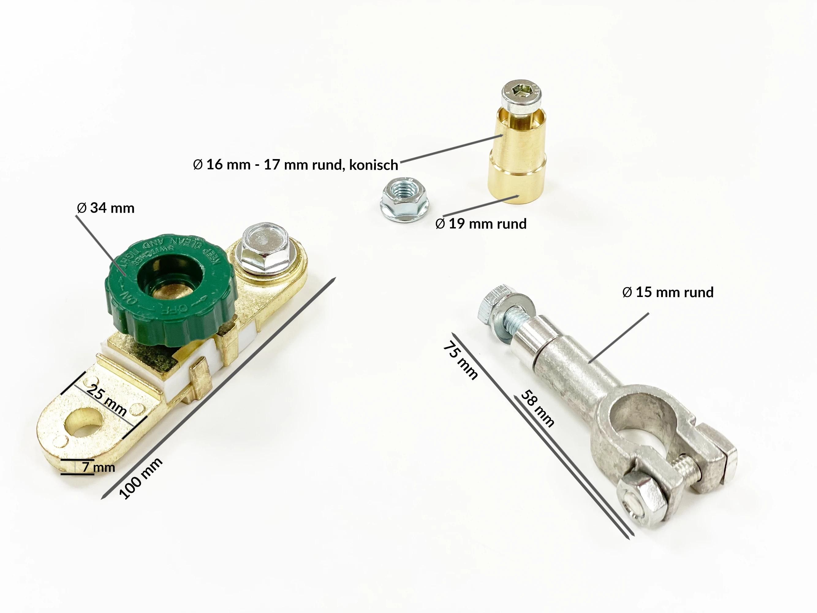 Drie metalen autoonderdelen met diameters en lengtes in millimeters. Schakelaar- en klemverbinding afgebeeld.