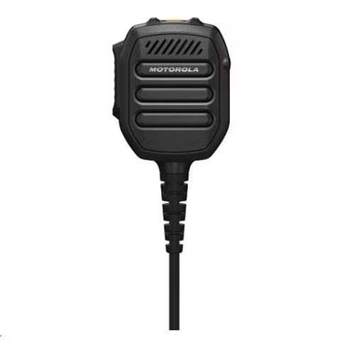 Black handheld microphone with three buttons and cord.