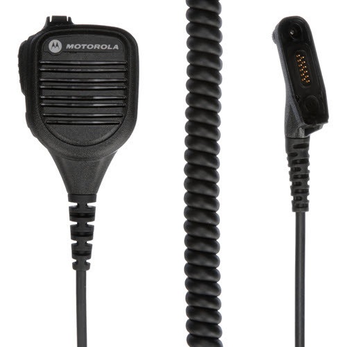 Black microphone with coiled cable and connector plug.