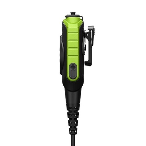 Zijaanzicht van een groen en zwart radiomicrofoon met clip en kabel.