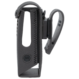 Étui en cuir noir avec passant de ceinture pour radio portable.