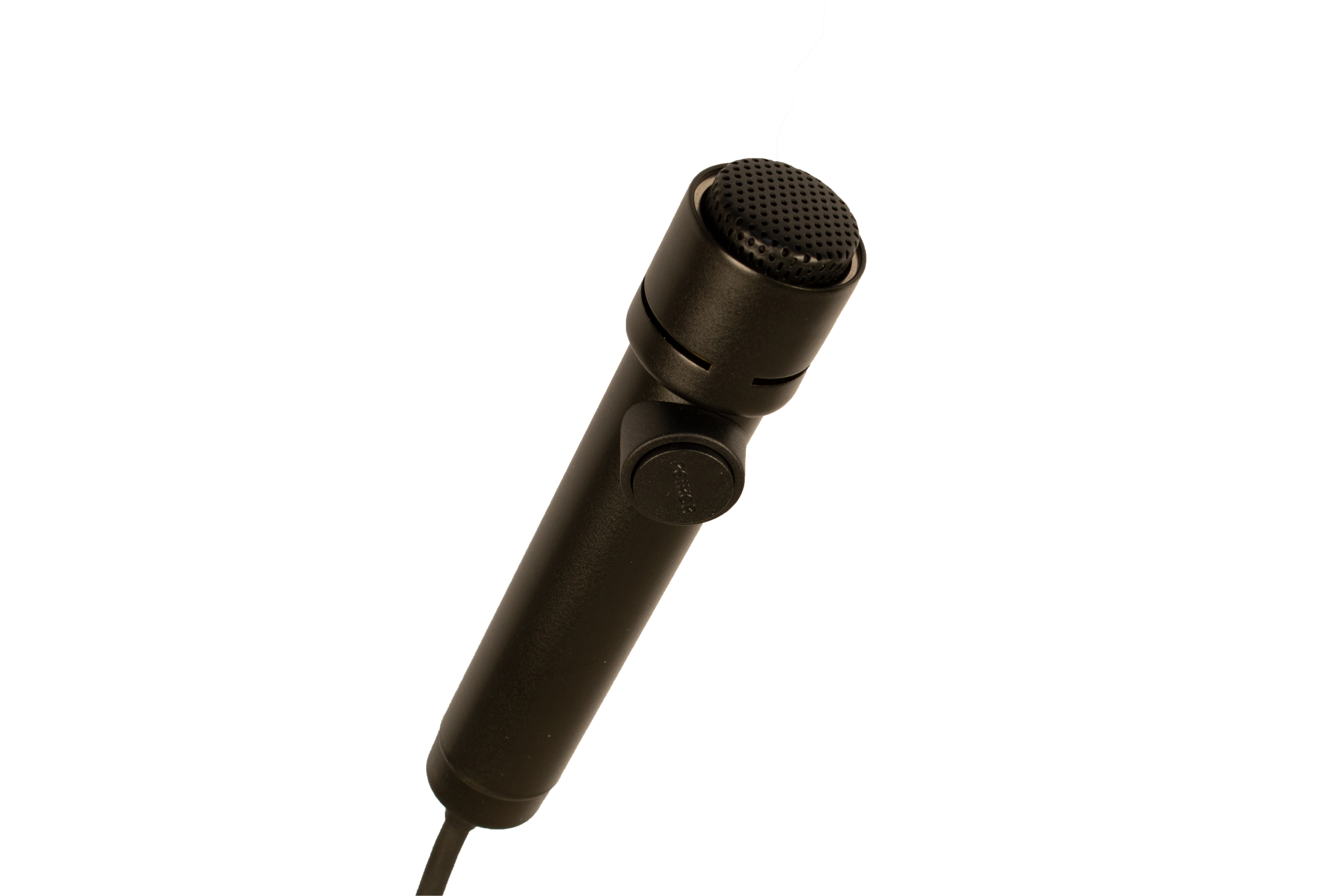 Zwarte handmicrofoon met kabel, bovenaanzicht.