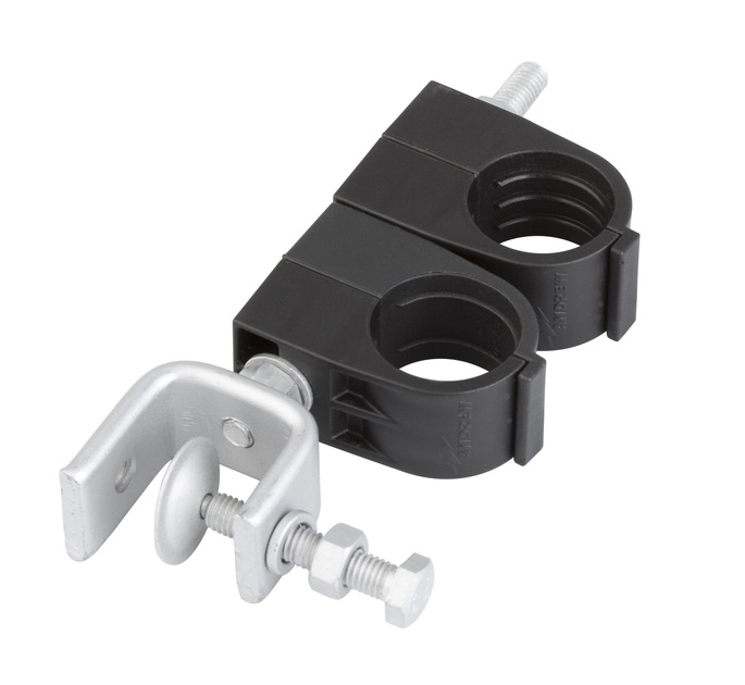 Black hose clamp with metal bracket.