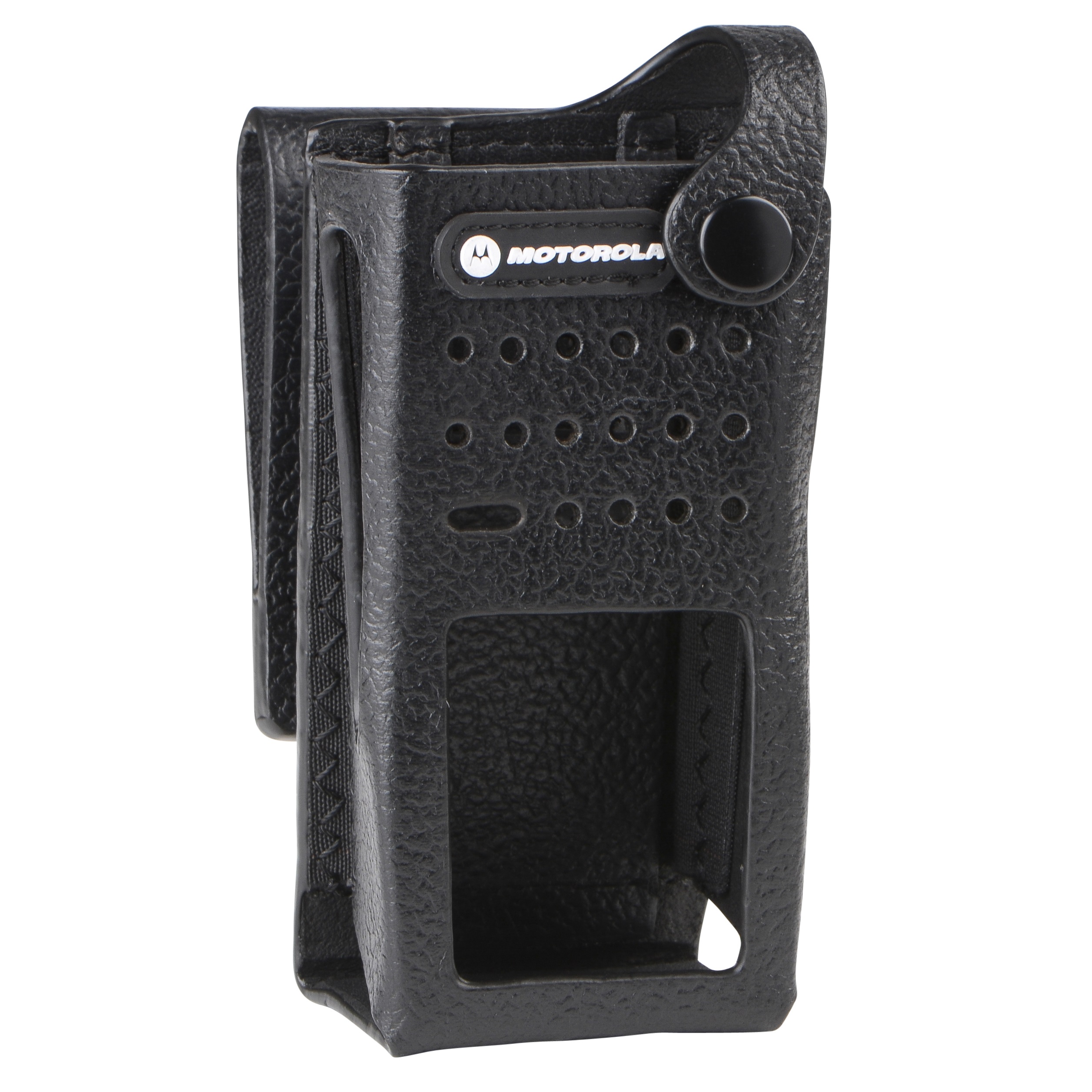 7000-00356900_mot_02.jpg Zwart leren etui met perforaties voor een communicatietoestel.