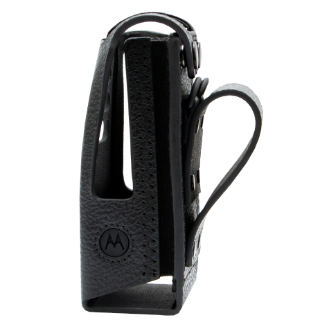Black leather case for a portable radio in vertical view.