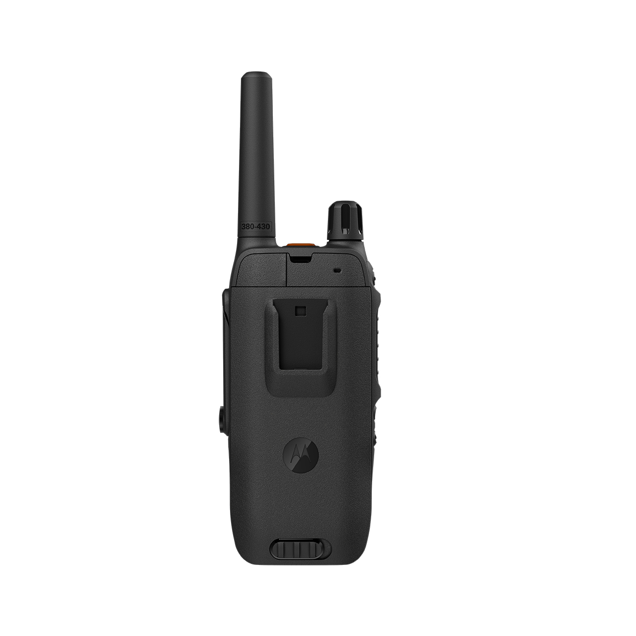 Black walkie-talkie with antenna, rear view.