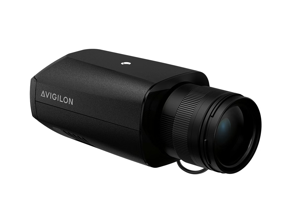 Black surveillance camera with logo, side view.