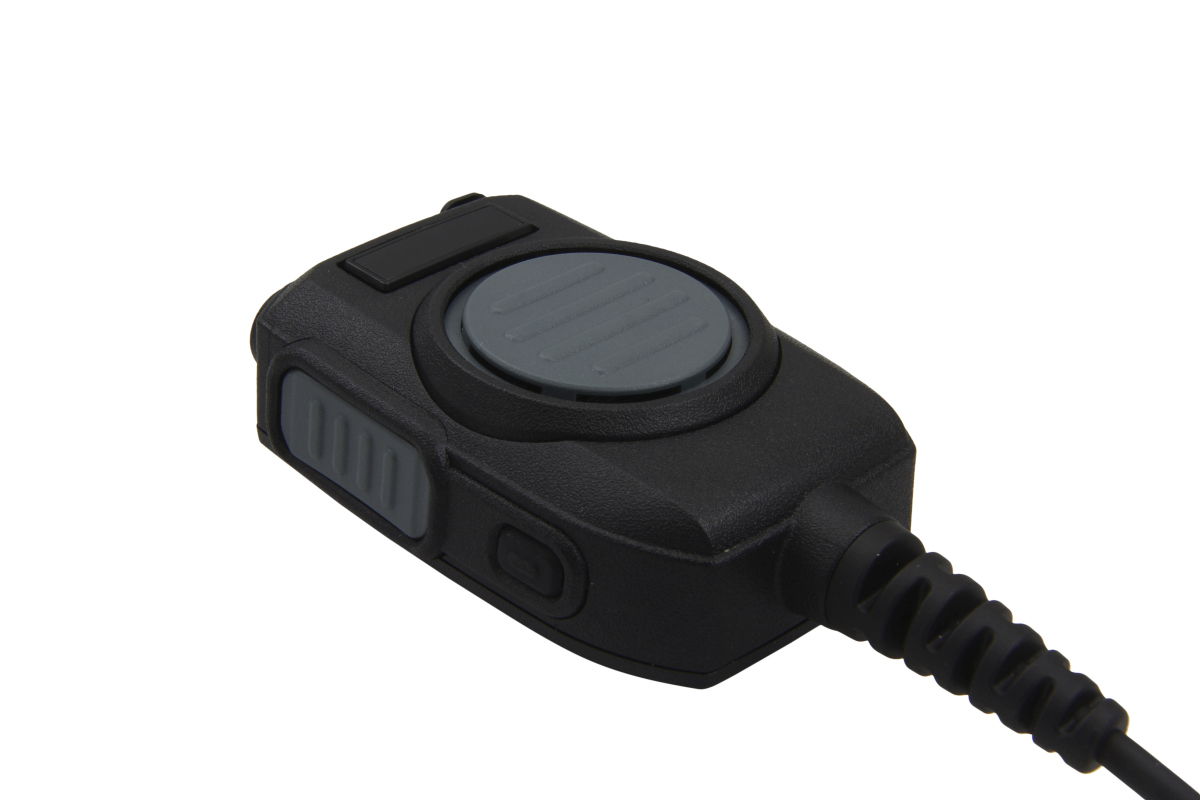 Zwart microfoon met kabel en drukknop.