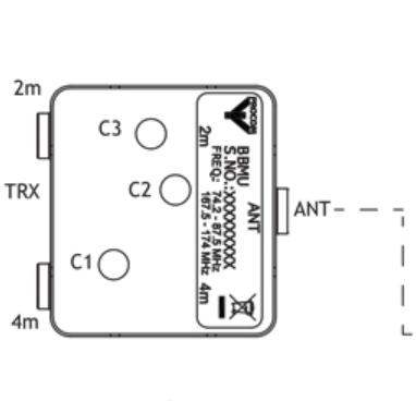 Schema van een elektrisch onderdeel met aansluitingen C1, C2, C3, TRX, ANT. Gelabeld met technische gegevens.