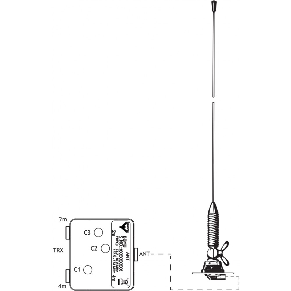 Schéma d'une antenne montée, connectée à un composant TRX marqué C1 à C3.