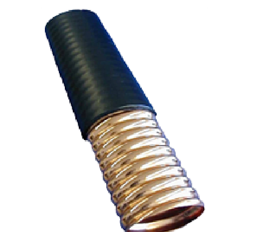 Flexible hose with corrugated metallic and smooth black sections.