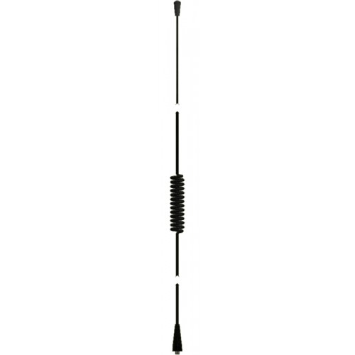 Zwarte, spiraalvormige antenne met smalle, lange staaf.