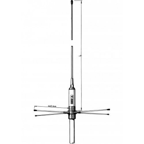 Een verticale VHF-antenne met meerdere radiale elementen.