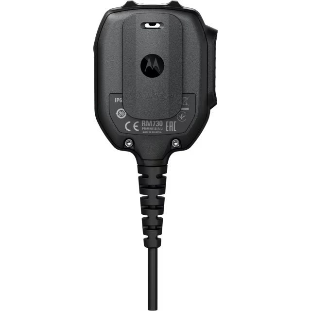 Achterkant van een zwart communicatieapparaat met kabel en Motorola-logo.