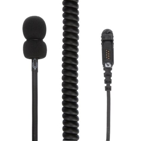 Zwart spiraalkabel met microfoon en stekkerverbinding.