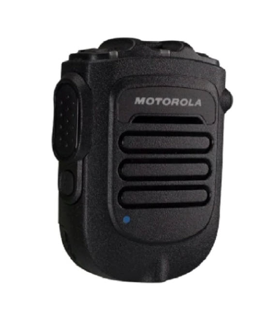Zwarte Motorola-handradio met knoppen, voorkant.