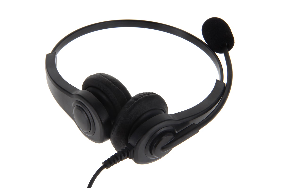 Black headset with microphone on flexible arm.