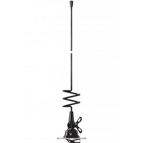 Zwarte CB-radioantenne met spoel en magnetische basis.